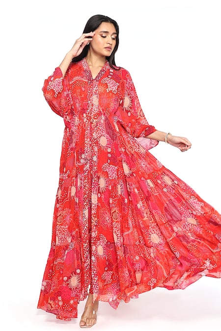 Komal Shah_Red Crepe Pearls, Sequins V-neck And Bead Embroidered Kaftan With Pant _Online_at_Aza_Fashions