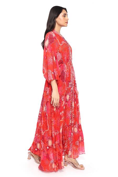Buy_Komal Shah_Red Crepe Pearls, Sequins V-neck And Bead Embroidered Kaftan With Pant _Online_at_Aza_Fashions