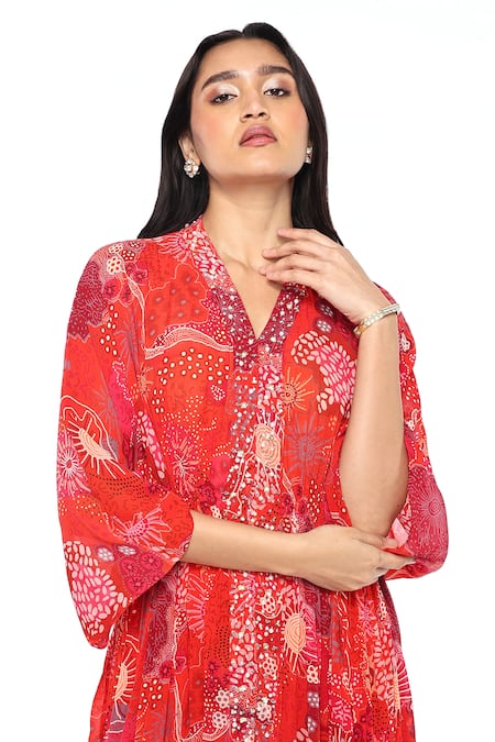 Shop_Komal Shah_Red Crepe Pearls, Sequins V-neck And Bead Embroidered Kaftan With Pant _Online_at_Aza_Fashions