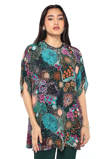 Buy_Komal Shah_Green Crepe Sequins, Pearls Round Neck Printed Tunic And Pant Set _Online_at_Aza_Fashions