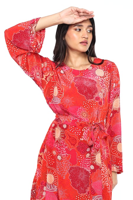 Buy Komal Shah Red Crepe Pearls, Sequins Round Neck Embellished Kaftan With Belt Online at Aza Fashions Buy_Komal Shah_Red Crepe Pearls, Sequins Round Neck Embellished Kaftan With Belt _Online_at_Aza_Fashions