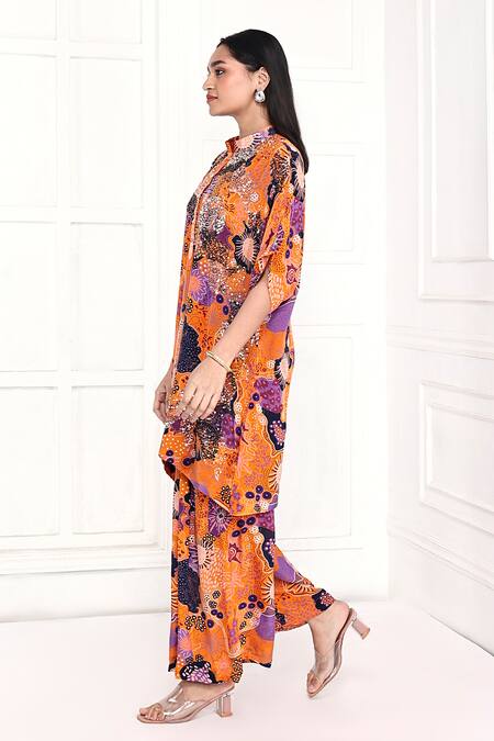 Komal Shah Yellow Crepe Sequins Mandarin Collar Printed Tunic And Pant Set Online at Aza Fashions Komal Shah_Yellow Crepe Sequins Mandarin Collar Printed Tunic And Pant Set _Online_at_Aza_Fashions