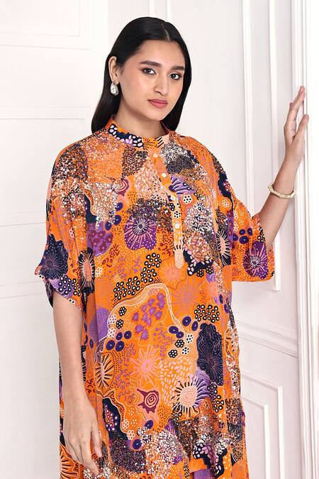 Buy Komal Shah Yellow Crepe Sequins Mandarin Collar Printed Tunic And Pant Set Online at Aza Fashions Buy_Komal Shah_Yellow Crepe Sequins Mandarin Collar Printed Tunic And Pant Set _Online_at_Aza_Fashions