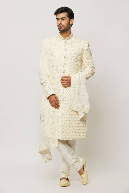 Arihant Rai Sinha_Cream Silk, Chiffon Crystals, Cut Geometric Embroidered Sherwani With Churidar _Online_at_Aza_Fashions