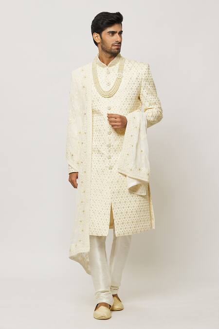 Buy_Arihant Rai Sinha_Cream Silk, Chiffon Crystals, Cut Geometric Embroidered Sherwani With Churidar _Online_at_Aza_Fashions