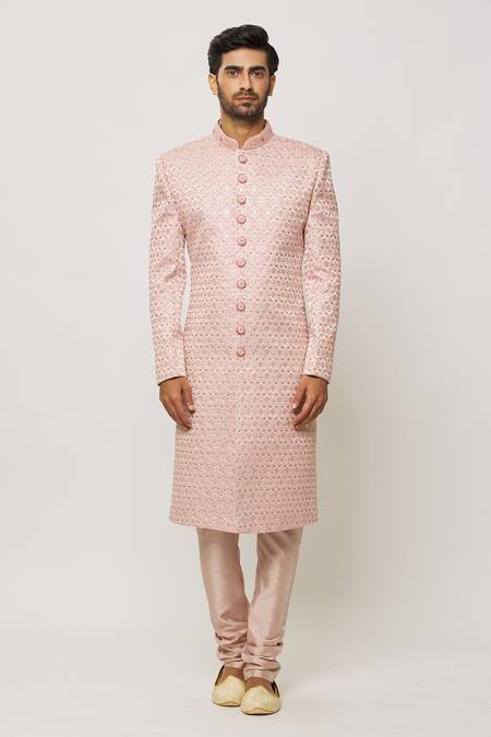 Arihant Rai Sinha Pink Silk, Chanderi Sequins Embellished Sherwani With Churidar Online at Aza Fashions Arihant Rai Sinha_Pink Silk, Chanderi Sequins Embellished Sherwani With Churidar _Online_at_Aza_Fashions
