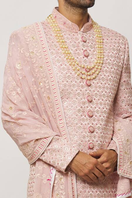 Shop Arihant Rai Sinha Pink Silk, Chanderi Sequins Embellished Sherwani With Churidar Online at Aza Fashions Shop_Arihant Rai Sinha_Pink Silk, Chanderi Sequins Embellished Sherwani With Churidar _Online_at_Aza_Fashions