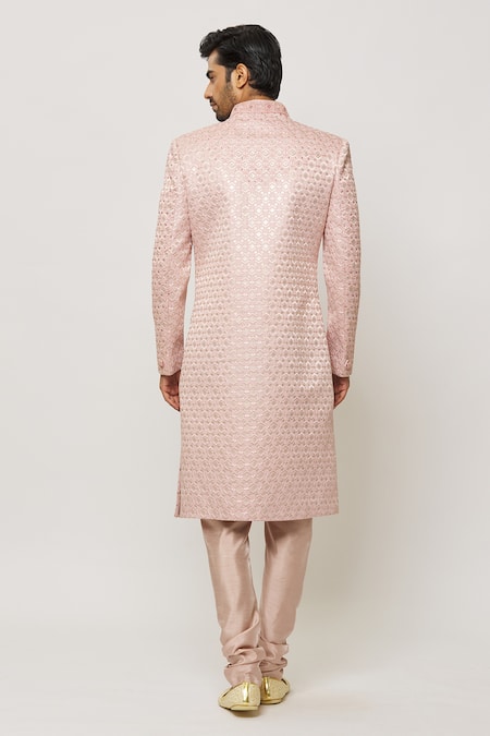 Shop Arihant Rai Sinha Pink Silk, Chanderi Sequins Embellished Sherwani With Churidar at Aza Fashions Shop_Arihant Rai Sinha_Pink Silk, Chanderi Sequins Embellished Sherwani With Churidar _at_Aza_Fashions