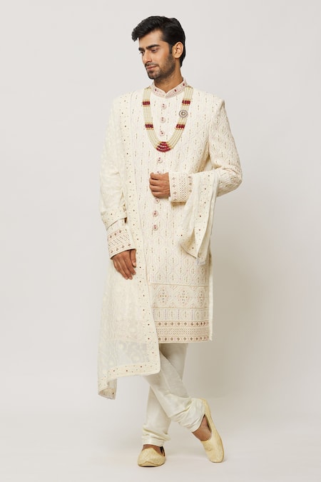 Aryavir Malhotra Honeycomb Embroidered Sherwani With Churidar 