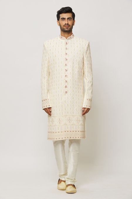 Arihant Rai Sinha_Cream Georgette, Silk, Chanderi Honeycomb Embroidered Sherwani With Churidar _Online_at_Aza_Fashions