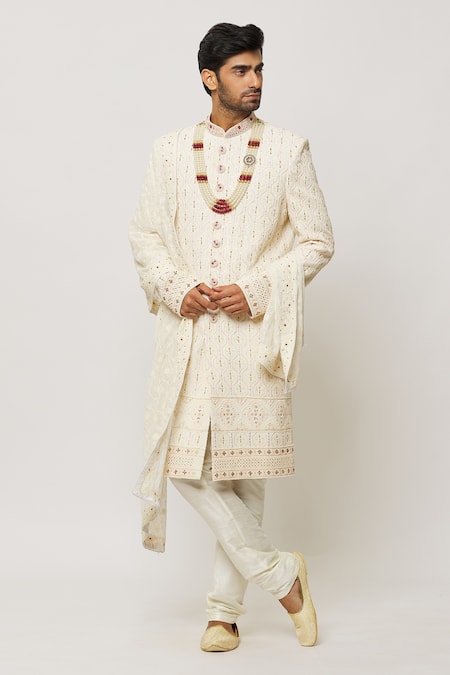 Buy_Arihant Rai Sinha_Cream Georgette, Silk, Chanderi Honeycomb Embroidered Sherwani With Churidar _Online_at_Aza_Fashions