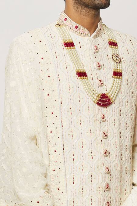 Shop_Arihant Rai Sinha_Cream Georgette, Silk, Chanderi Honeycomb Embroidered Sherwani With Churidar _Online_at_Aza_Fashions