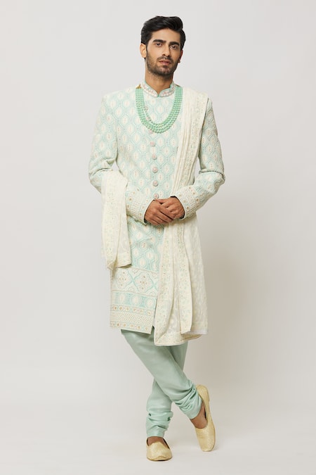 Aryavir Malhotra Green Sherwani Georgette Embroidered Sequin Pearl Embellished With Churidar 