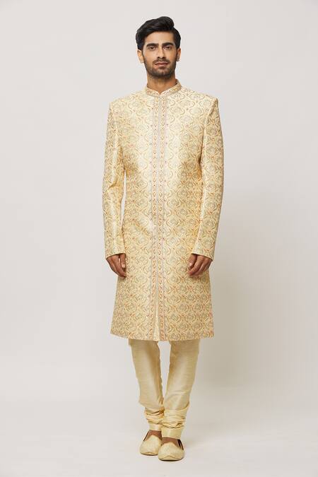 Arihant Rai Sinha_Gold Silk, Cotton, Chanderi Crystals, Sequins Embellished Sherwani With Churidar _Online_at_Aza_Fashions