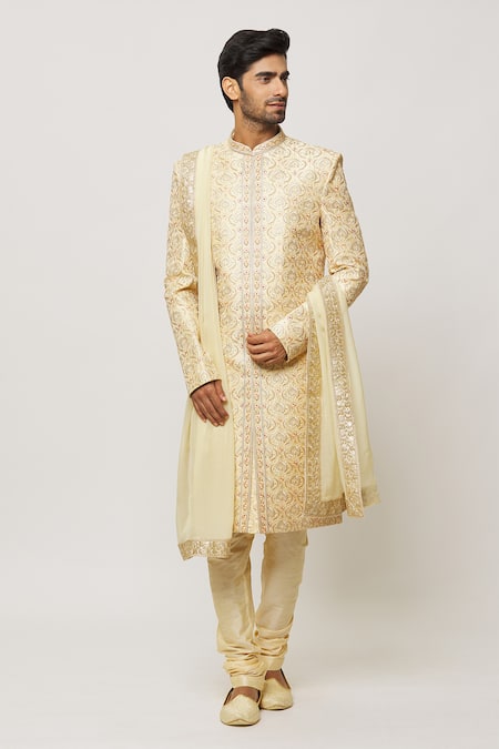Buy_Arihant Rai Sinha_Gold Silk, Cotton, Chanderi Crystals, Sequins Embellished Sherwani With Churidar _Online_at_Aza_Fashions