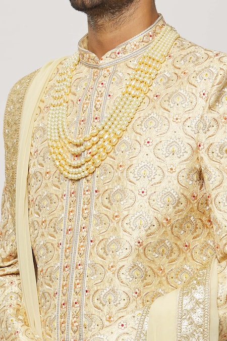 Shop_Arihant Rai Sinha_Gold Silk, Cotton, Chanderi Crystals, Sequins Embellished Sherwani With Churidar _Online_at_Aza_Fashions