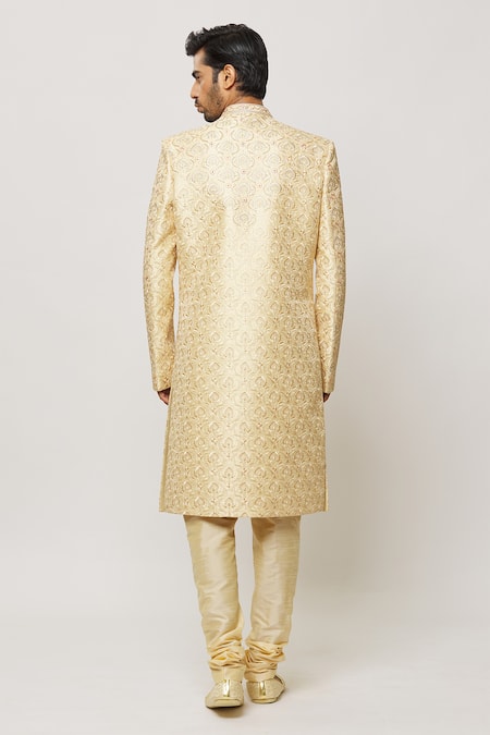 Shop_Arihant Rai Sinha_Gold Silk, Cotton, Chanderi Crystals, Sequins Embellished Sherwani With Churidar _at_Aza_Fashions