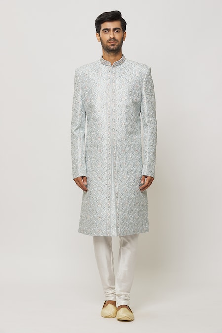 Arihant Rai Sinha_Grey Silk, Cotton, Chanderi Crystals, Sequins Embellished Sherwani With Churidar _Online_at_Aza_Fashions