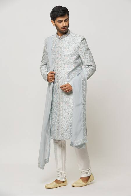 Buy_Arihant Rai Sinha_Grey Silk, Cotton, Chanderi Crystals, Sequins Embellished Sherwani With Churidar _Online_at_Aza_Fashions