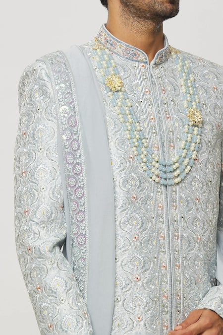 Shop_Arihant Rai Sinha_Grey Silk, Cotton, Chanderi Crystals, Sequins Embellished Sherwani With Churidar _Online_at_Aza_Fashions