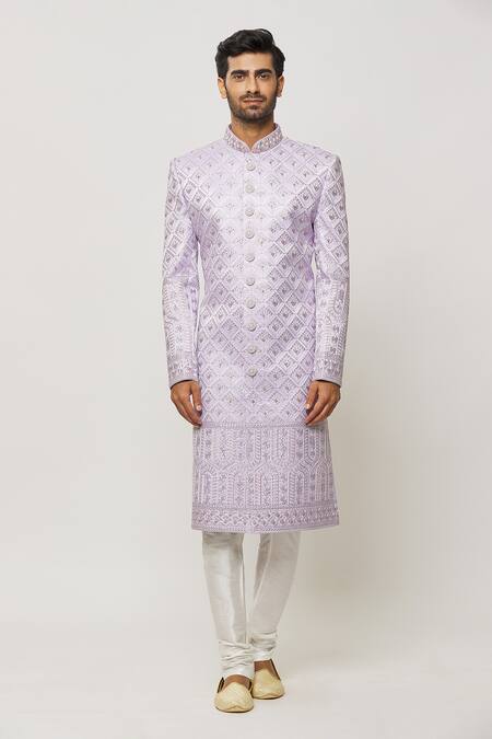 Arihant Rai Sinha_Purple Silk, Faux Leather, Chanderi Thread Embroidered Sherwani With Churidar _Online_at_Aza_Fashions