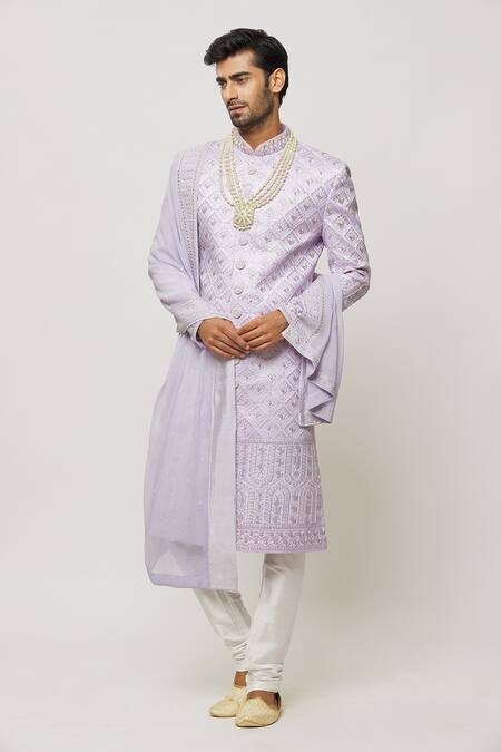 Buy_Arihant Rai Sinha_Purple Silk, Faux Leather, Chanderi Thread Embroidered Sherwani With Churidar _Online_at_Aza_Fashions