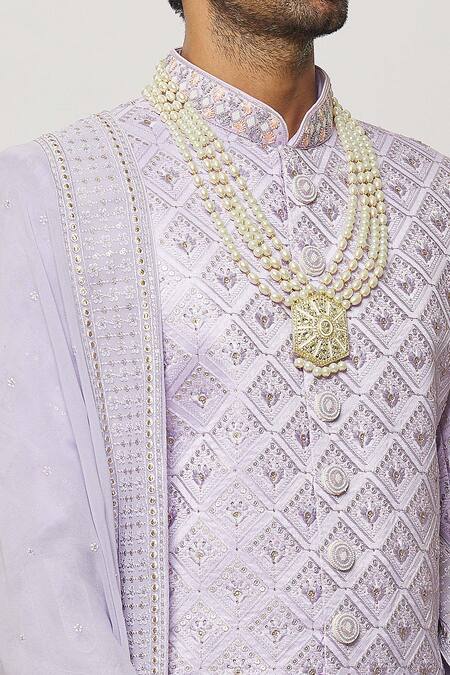Shop_Arihant Rai Sinha_Purple Silk, Faux Leather, Chanderi Thread Embroidered Sherwani With Churidar _Online_at_Aza_Fashions