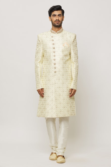 Arihant Rai Sinha Cream Silk, Chanderi Crystals, Sequins Wave Embroidered Sherwani With Churidar Online at Aza Fashions Arihant Rai Sinha_Cream Silk, Chanderi Crystals, Sequins Wave Embroidered Sherwani With Churidar _Online_at_Aza_Fashions