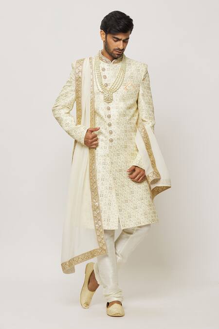 Buy Arihant Rai Sinha Cream Silk, Chanderi Crystals, Sequins Wave Embroidered Sherwani With Churidar Online at Aza Fashions Buy_Arihant Rai Sinha_Cream Silk, Chanderi Crystals, Sequins Wave Embroidered Sherwani With Churidar _Online_at_Aza_Fashions