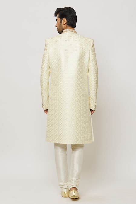 Shop Arihant Rai Sinha Cream Silk, Chanderi Crystals, Sequins Wave Embroidered Sherwani With Churidar at Aza Fashions Shop_Arihant Rai Sinha_Cream Silk, Chanderi Crystals, Sequins Wave Embroidered Sherwani With Churidar _at_Aza_Fashions