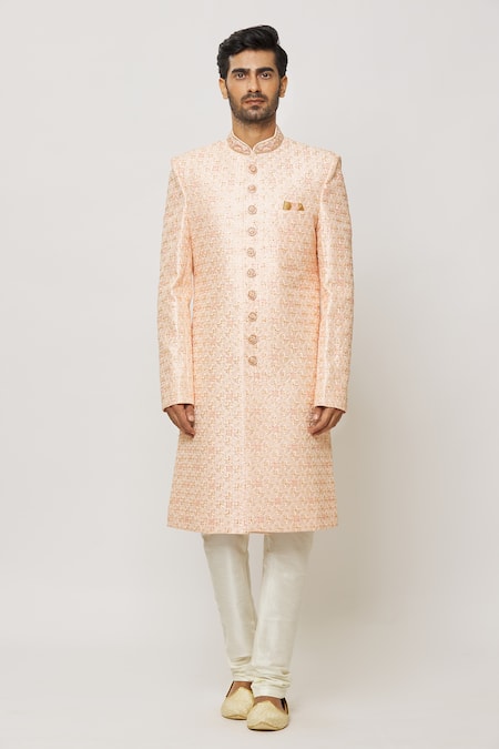 Buy Arihant Rai Sinha Peach Silk, Cotton Crystals, Cut Blossom Embroidered Sherwani With Churidar Online at Aza Fashions Buy_Arihant Rai Sinha_Peach Silk, Cotton Crystals, Cut Blossom Embroidered Sherwani With Churidar _Online_at_Aza_Fashions