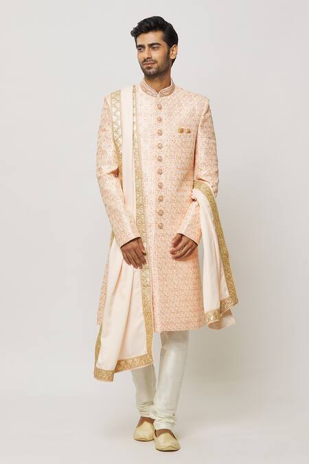Arihant Rai Sinha Peach Silk, Cotton Crystals, Cut Blossom Embroidered Sherwani With Churidar at Aza Fashions Arihant Rai Sinha_Peach Silk, Cotton Crystals, Cut Blossom Embroidered Sherwani With Churidar _at_Aza_Fashions