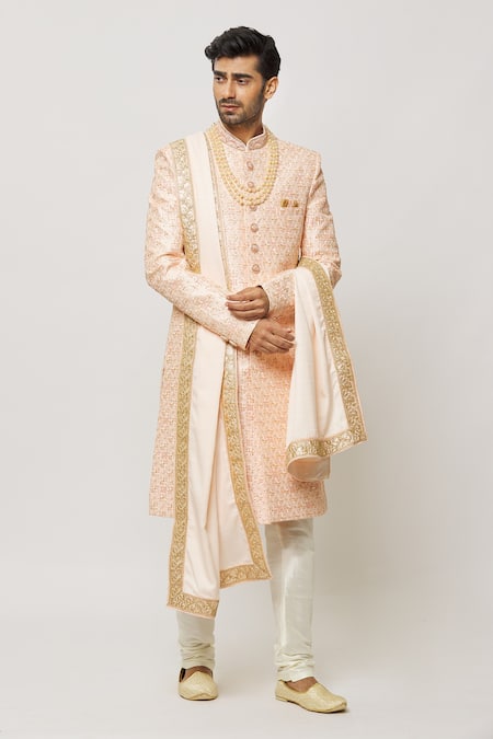 Buy Arihant Rai Sinha Peach Silk, Cotton Crystals, Cut Blossom Embroidered Sherwani With Churidar Buy_Arihant Rai Sinha_Peach Silk, Cotton Crystals, Cut Blossom Embroidered Sherwani With Churidar