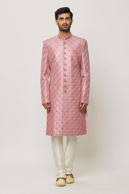 Buy_Arihant Rai Sinha_Pink Silk, Faux Leather, Chanderi Floral Wave Embroidered Sherwani With Churidar _Online_at_Aza_Fashions
