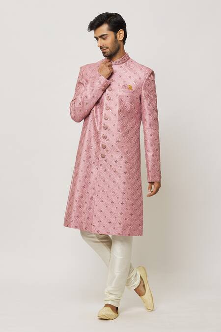 Shop_Arihant Rai Sinha_Pink Silk, Faux Leather, Chanderi Floral Wave Embroidered Sherwani With Churidar _Online_at_Aza_Fashions