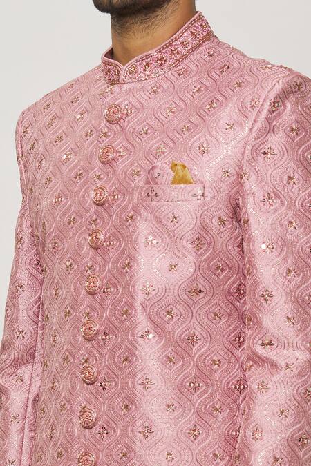 Arihant Rai Sinha_Pink Silk, Faux Leather, Chanderi Floral Wave Embroidered Sherwani With Churidar _at_Aza_Fashions