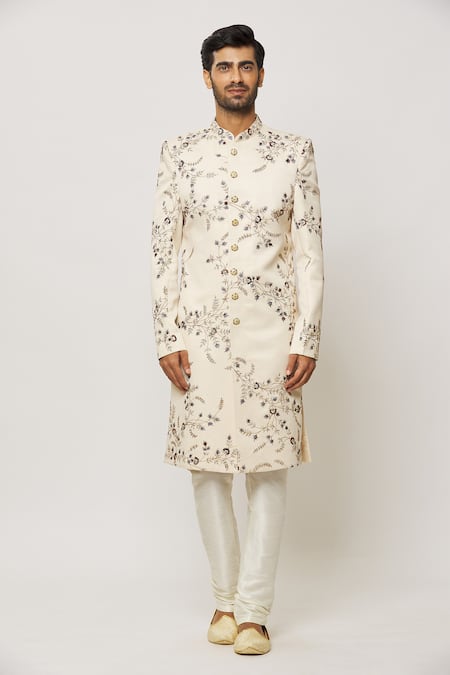 Buy Arihant Rai Sinha Cream Silk, Cotton, Chiffon Crystals, Jaal Embroidered Sherwani With Churidar Online at Aza Fashions Buy_Arihant Rai Sinha_Cream Silk, Cotton, Chiffon Crystals, Jaal Embroidered Sherwani With Churidar _Online_at_Aza_Fashions