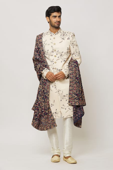 Shop Arihant Rai Sinha Cream Silk, Cotton, Chiffon Crystals, Jaal Embroidered Sherwani With Churidar Online at Aza Fashions Shop_Arihant Rai Sinha_Cream Silk, Cotton, Chiffon Crystals, Jaal Embroidered Sherwani With Churidar _Online_at_Aza_Fashions