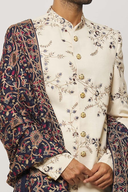 Arihant Rai Sinha Cream Silk, Cotton, Chiffon Crystals, Jaal Embroidered Sherwani With Churidar at Aza Fashions Arihant Rai Sinha_Cream Silk, Cotton, Chiffon Crystals, Jaal Embroidered Sherwani With Churidar _at_Aza_Fashions