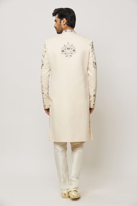 Shop Arihant Rai Sinha Cream Silk, Cotton, Chiffon Crystals, Jaal Embroidered Sherwani With Churidar at Aza Fashions Shop_Arihant Rai Sinha_Cream Silk, Cotton, Chiffon Crystals, Jaal Embroidered Sherwani With Churidar _at_Aza_Fashions
