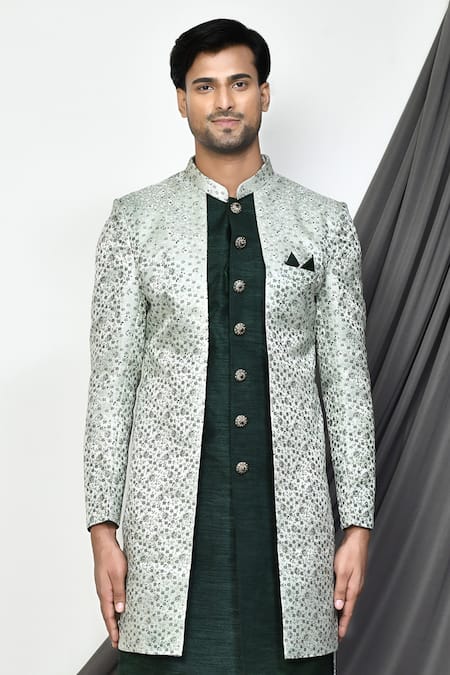 Buy_Arihant Rai Sinha_Green Silk, Jacquard Ditsy Layered Sherwani Set _Online_at_Aza_Fashions
