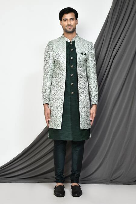 Shop_Arihant Rai Sinha_Green Silk, Jacquard Ditsy Layered Sherwani Set _Online_at_Aza_Fashions