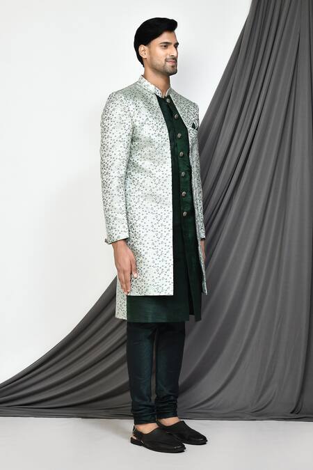 Arihant Rai Sinha_Green Silk, Jacquard Ditsy Layered Sherwani Set _at_Aza_Fashions