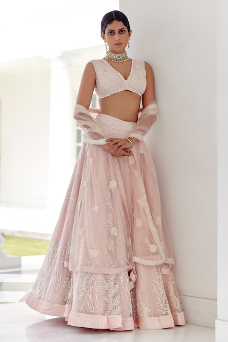 Mishru Seto Glistening Petal Embroidered Lehenga With Corset 