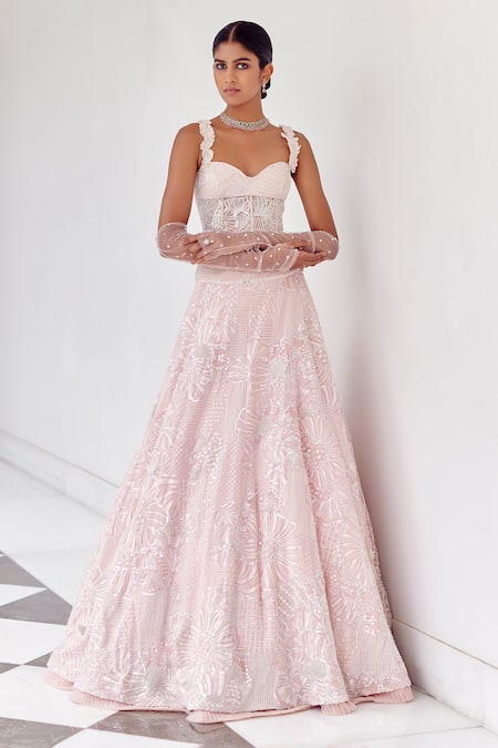 Mishru Seto Glistening Petal Embroidered Lehenga With Corset 