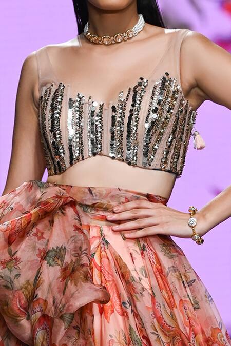 Mahima Mahajan_Beige Organza, Net Sequins, Arni Floral Print Overlap Panel Lehenga With Blouse _Online_at_Aza_Fashions