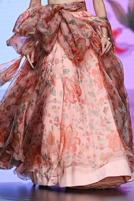 Buy_Mahima Mahajan_Beige Organza, Net Sequins, Arni Floral Print Overlap Panel Lehenga With Blouse _Online_at_Aza_Fashions