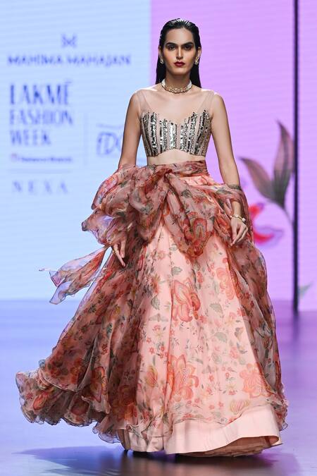 Shop_Mahima Mahajan_Beige Organza, Net Sequins, Arni Floral Print Overlap Panel Lehenga With Blouse _Online_at_Aza_Fashions