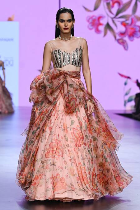 Mahima Mahajan_Beige Organza, Net Sequins, Arni Floral Print Overlap Panel Lehenga With Blouse _at_Aza_Fashions