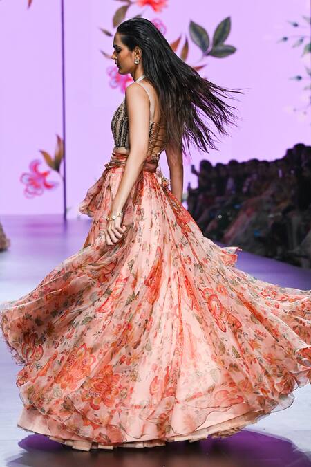 Buy_Mahima Mahajan_Beige Organza, Net Sequins, Arni Floral Print Overlap Panel Lehenga With Blouse 